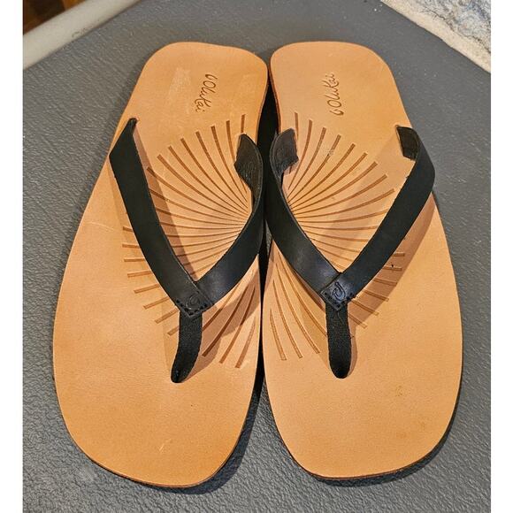 Olukai Iwi Leather Flip Flops Sandals, Black/Tan Womens Sz 9 - Picture 1 of 8